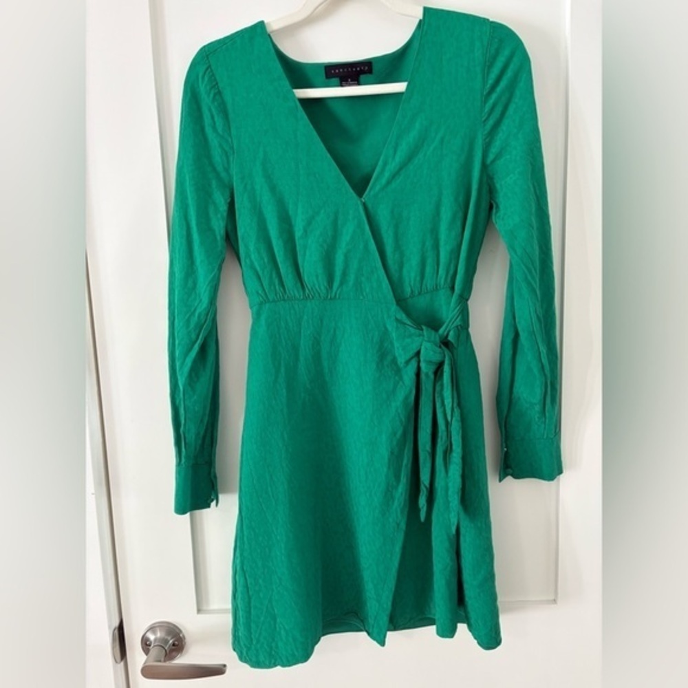 Sanctuary Green Long Sleeve Wrap Dress Stay the Night Waist Tie V Neck Mini Sz 2